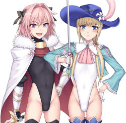 Rule 34 | 1boy, 1other, androgynous, astolfo (fate), black bow, blonde hair, blue eyes, blush, bow, bulge, chevalier d&#039;eon (fate), commentary request, covered navel, fang, fate/grand order, fate (series), gloves, hai (h81908190), hair bow, hair intakes, hair ribbon, half gloves, hand on own hip, hat, highres, holding, holding sword, holding weapon, leotard, long hair, looking at viewer, male focus, multicolored hair, open mouth, pink hair, purple eyes, rapier, ribbon, simple background, smile, streaked hair, sword, thighhighs, trap, weapon, white background