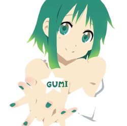 Rule 34 | 1girl, 3aya n, bare shoulders, body writing, bodyart, character name, flat color, gradient hair, green eyes, green hair, gumi, k-on!, looking at viewer, lowres, matching hair/eyes, multicolored hair, nail polish, no lineart, own hands clasped, own hands together, parody, short hair, smile, solo, style parody, tattoo, vocaloid