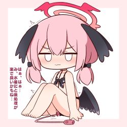 Rule 34 | 1girl, ^^^, bare arms, bare legs, bare shoulders, barefoot, bikini, black bikini, black bow, black wings, blue archive, blush, bow, chibi, closed mouth, feathered wings, floral print, full body, hair between eyes, hair bow, halo, hana kazari, head wings, highres, jitome, knees up, koharu (blue archive), koharu (swimsuit) (blue archive), long hair, looking at viewer, low twintails, low wings, motion lines, object insertion, pink background, pink hair, print bikini, remote control vibrator, sex toy, sitting, solo, swimsuit, translation request, twintails, two-tone background, v-shaped eyebrows, vaginal, vaginal object insertion, vibrator, wavy mouth, white background, wings