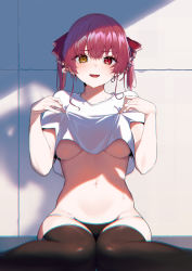 Rule 34 | 1girl, absurdres, black panties, black thighhighs, breasts, chromatic aberration, commentary, fang, hair ribbon, heterochromia, highres, hololive, houshou marine, large breasts, looking at viewer, navel, no bra, no pants, open mouth, panties, pomesaurus, red eyes, red hair, red ribbon, ribbon, shirt, short hair, short sleeves, sitting, solo, stomach, sweat, symbol-only commentary, t-shirt, thighhighs, twintails, underboob, underwear, virtual youtuber, white shirt, yellow eyes
