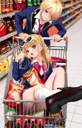 1boy 1girl absurdres black_jacket blonde_hair blue_eyes blue_hair brother_and_sister brown_footwear chips_(food) colored_tips commentary_request cropped doritos eating eyewear_on_head food food_packaging gibun_(sozoshu) glasses gradient_hair highres hoshino_aquamarine hoshino_ruby in_shopping_cart jacket lay&#039;s_(potato_chips) long_hair m&amp;m&#039;s multicolored_hair necktie open_mouth oshi_no_ko panties pink_eyes pink_hair potato_chips pringles pringles_can red_necktie red_ribbon revision ribbon school_uniform shirt shoes shopping_cart short_hair siblings smile supermarket thighs twinkies twins underwear white_panties white_shirt