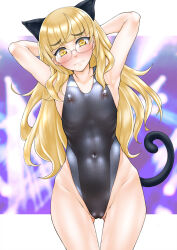 Rule 34 | 1girl, animal ears, armpits, arms up, black one-piece swimsuit, blonde hair, blush, cat ears, cat girl, cat tail, competition swimsuit, flat chest, glasses, highleg, highleg swimsuit, highres, long hair, looking at viewer, navel, one-piece swimsuit, outside border, perrine h. clostermann, see-through, shiromitsu suzaku, skindentation, solo, standing, strike witches, swimsuit, tail, wide hips, world witches series, yellow eyes