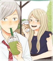 Rule 34 | 1boy, 1girl, blonde hair, blue shirt, brother and sister, coffee cup, collared shirt, commentary request, cup, disposable cup, drinking, drinking straw, green eyes, grey hair, haiba arisa, haiba lev, haikyuu!!, holding, holding cup, jewelry, laugh 111, long hair, looking at viewer, necklace, necktie, outdoors, shirt, short hair, siblings, sleeveless, sleeveless shirt, smile, white shirt