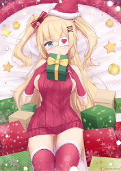 Rule 34 | 1girl, akai haato, areola slip, bauble, blonde hair, blue eyes, box, breasts, christmas, christmas ornaments, eyepatch, fur-trimmed gloves, fur-trimmed legwear, fur trim, gift, gift box, gloves, gluteal fold, hat, highres, hololive, joko jmc, long hair, lying, medical eyepatch, meme attire, navel, no bra, on back, red gloves, red thighhighs, santa hat, short twintails, sideboob, smile, snowflakes, solo, star (symbol), thighhighs, twintails, virgin killer sweater, virtual youtuber