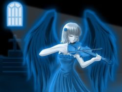 Rule 34 | 1girl, angel, artist request, blonde hair, blue dress, blue theme, cross, dress, closed eyes, flower, instrument, latin cross, smile, solo, source request, strapless, strapless dress, violin, window, wings