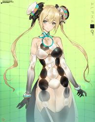 Rule 34 | 1girl, alphago, black gloves, blonde hair, breasts, character name, closed mouth, commentary request, cowboy shot, dress, elbow gloves, gloves, google, green background, green eyes, headgear, large breasts, long hair, looking at viewer, neon trim, signature, smile, solo, standing, thighhighs, twintails, waist cape, wristtband, yd (orange maru)