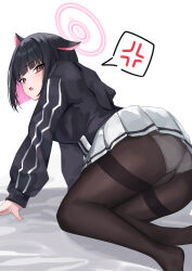 Rule 34 | 1girl, :o, absurdres, all fours, anger vein, animal ears, asashin (asn), ass, bed sheet, black hair, black jacket, black pantyhose, blue archive, blunt ends, blush, cat ears, commentary request, grey skirt, halo, highres, hood, hooded jacket, jacket, kazusa (blue archive), long sleeves, looking at viewer, looking back, multicolored hair, panties, panties under pantyhose, pantyhose, pink eyes, pink hair, pleated skirt, school uniform, skirt, solo, spoken anger vein, two-tone hair, underwear, white panties