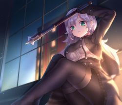 Rule 34 | 1girl, arm up, breasts, building, commentary request, gloves, green eyes, highres, holding, holding weapon, large breasts, long hair, long sleeves, looking at viewer, mace, neit ni sei, original, panties, pantyhose, pantyshot, pleated skirt, purple hair, reflection, sitting, skirt, solo, underwear, weapon