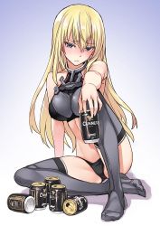Rule 34 | 10s, 1girl, alcohol, armor, beer, beer can, bismarck (kancolle), black panties, blonde hair, blue eyes, blush, brand name imitation, breastplate, breasts, can, drink can, drunk, guinness (beer), jpeg artifacts, kantai collection, large breasts, long hair, looking at viewer, matsuryuu, panties, solo, thighhighs, underwear