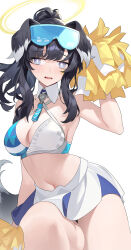 Rule 34 | 1girl, absurdres, arm up, bad anatomy, bare shoulders, black hair, blue archive, blue eyes, breasts, cleavage, commentary, crop top, goggles, goggles on head, halo, hibiki (blue archive), hibiki (cheer squad) (blue archive), highres, holding, holding pom poms, large breasts, linnnp, long hair, looking at viewer, midriff, millennium cheerleader outfit (blue archive), miniskirt, navel, open mouth, pom pom (cheerleading), pom poms, skirt, solo, stomach, thighs, white skirt