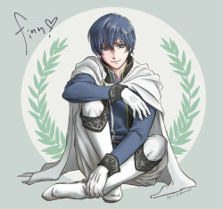 Rule 34 | 1boy, blue eyes, blue hair, blue jacket, boots, cape, character name, commentary request, finn (fire emblem), fire emblem, fire emblem: genealogy of the holy war, gloves, hair between eyes, jacket, long sleeves, looking at viewer, male focus, nintendo, pants, short hair, sitting, smile, solo, ursla99, white cape, white footwear, white gloves, white pants
