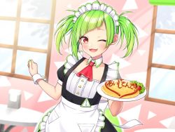 Rule 34 | 1girl, apron, delutaya, diagonal bangs, fang, food, frills, green hair, indie virtual youtuber, maid, maid apron, maid headdress, nail polish, omelet, omurice, one eye closed, open mouth, red eyes, solo, tomato, tomozu, twintails, utaite, virtual youtuber, wrist cuffs