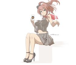 Rule 34 | 1girl, bare shoulders, beer can, blue eyes, breasts, brown hair, can, drink can, full body, grey skirt, high heels, high side ponytail, highres, holding, holding can, kantai collection, large breasts, looking at viewer, miniskirt, saratoga (kancolle), side ponytail, sitting, skirt, smile, smokestack hair ornament, solo, tada (tactical tada), white background