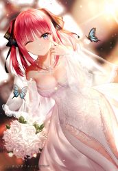 Rule 34 | 1girl, ;), absurdres, bare shoulders, blue eyes, blush, bouquet, breasts, bridal veil, bride, bug, butterfly, cleavage, collarbone, dress, dutch angle, finger to eye, flower, go-toubun no hanayome, hair ornament, hair ribbon, highres, holding, holding bouquet, insect, junpaku karen, large breasts, light particles, long hair, long sleeves, looking at viewer, nail polish, nakano nino, one eye closed, pink hair, red hair, ribbon, sidelocks, smile, solo, veil, wedding dress, white dress