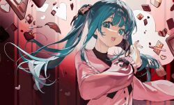 Rule 34 | 1girl, aqua eyes, aqua hair, black mask, black ribbon, chocolate, commentary, cookie, fangs, food, hair ribbon, hatsune miku, heart, highres, jirai kei, long hair, long sleeves, looking at viewer, mask, mouth mask, neonneon321, open mouth, pink shirt, removing mask, ribbon, shirt, smile, solo, teeth, twintails, upper body, vampire, vampire (vocaloid), vocaloid