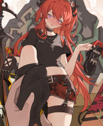 Rule 34 | 1girl, absurdres, arknights, belt, black belt, black choker, black gloves, black legwear, black shirt, blush, chinese commentary, choker, collarbone, commentary request, crop top, cross, cross necklace, crown, gloves, hand up, highres, holding, holding shoes, horns, jewelry, long hair, looking at viewer, midriff, mini crown, miniskirt, necklace, no navel, nose blush, official alternate costume, one side up, parted lips, pencil skirt, purple eyes, red hair, red skirt, shirt, shoes, unworn shoes, short sleeves, single glove, skirt, solo focus, standing, surtr (arknights), surtr (liberte echec) (arknights), sword, thigh strap, very long hair, weapon, xssh