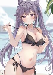 Rule 34 | 1girl, bare arms, bare shoulders, bikini, blurry, blurry background, blush, braid, braided bangs, breasts, cleavage, closed mouth, commentary, cone hair bun, cowboy shot, embarrassed, genshin impact, hair bun, halterneck, hand up, highleg, highleg bikini, highres, holding strap, keqing (genshin impact), large breasts, looking at viewer, maruro, navel, outdoors, purple eyes, purple hair, side-tie bikini bottom, solo, stomach, swimsuit, twintails
