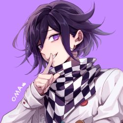 Rule 34 | 1boy, black hair, character name, checkered clothes, checkered neckwear, checkered scarf, danganronpa (series), danganronpa v3: killing harmony, fang, finger to mouth, grin, hair between eyes, highres, index finger raised, jacket, long sleeves, looking at viewer, male focus, nanin, oma kokichi, purple background, purple eyes, purple hair, scarf, short hair, simple background, smile, solo, straitjacket, upper body