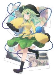 Rule 34 | 1girl, ahoge, black footwear, black hat, black socks, commentary, frilled sleeves, frills, full body, green eyes, green hair, green skirt, grin, hand to own mouth, hat, heart, heart of string, highres, komeiji koishi, komeiji satori, long hair, looking at viewer, outline, photo (object), shirt, shoes, simple background, skirt, sleeves past fingers, sleeves past wrists, smile, socks, solo, standing, standing on one leg, third eye, touhou, very long sleeves, white background, white outline, wide sleeves, yellow shirt, yutamaro