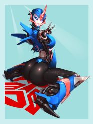 Rule 34 | 1girl, arcee, arcee (prime), ass, autobot, black sclera, blue eyes, blush, breasts, colored sclera, forehead jewel, full body, glowing, glowing eyes, helmet, highres, horns, humanoid robot, joints, justrube, large breasts, looking at viewer, looking back, mechanical hands, metal skin, on floor, pantylines, robot, robot joints, simple background, single horn, sitting, narrow waist, solo, transformers, transformers prime, turning head, wariza, wheel