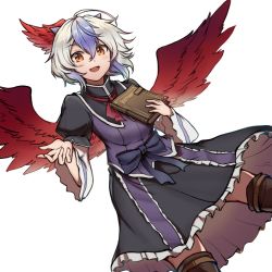 Rule 34 | 1girl, bird wings, black dress, blue bow, blue hair, book, boots, bow, brown footwear, collared dress, commentary request, dress, feathered wings, frilled dress, frills, head wings, highres, holding, holding book, horns, layered sleeves, long sleeves, multicolored hair, neckerchief, puffy short sleeves, puffy sleeves, purple vest, red eyes, red neckerchief, red wings, shishui guima, short hair, short over long sleeves, short sleeves, simple background, single head wing, solo, tokiko (touhou), touhou, two-tone hair, vest, white background, white hair, wide sleeves, wings