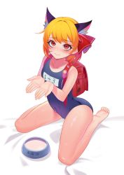 Rule 34 | 1girl, animal ears, backpack, bag, blonde hair, blue one-piece swimsuit, bowl, cat ears, collarbone, covered navel, hair ribbon, highres, korean text, navel, one-piece swimsuit, recare, red eyes, red ribbon, ribbon, rumia, school swimsuit, short hair, simple background, solo, swimsuit, touhou, translation request, white background