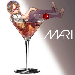 Rule 34 | 00s, 1girl, alcohol, bad id, bad pixiv id, black thighhighs, blue eyes, brown hair, champagne, cherry, cinqtrois, cocktail glass, cup, drinking glass, evangelion: 2.0 you can (not) advance, food, fruit, giant glass, glass, glasses, hairband, hands on own knees, in container, in cup, in food, legs, lips, loafers, makinami mari illustrious, mini person, minigirl, necktie, neon genesis evangelion, omaru (cinqtrois), plaid, plaid skirt, rebuild of evangelion, school uniform, shoe dangle, shoes, sitting, skirt, smile, solo, thighhighs, thighs, twintails, wet, wet clothes, wine glass