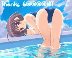 Rule 34 | 1girl, ahoge, ass, bent over, cloud, day, kneepits, lowres, milestone celebration, one-piece swimsuit, original, pool, school swimsuit, sky, solo, swimsuit, thigh gap, todoroki gou, water
