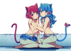 Rule 34 | 2girls, animal ears, bare legs, barefoot, bikini, bikini skirt, blue hair, blush, bob cut, body blush, bow, breasts, cat ears, cat girl, cat tail, female focus, flat chest, flower, frilled skirt, frills, from side, green eyes, hair bow, hair flower, hair ornament, half updo, hand on another&#039;s chest, hand on another&#039;s face, hand on another&#039;s leg, highres, kanzaki hiro, long hair, looking at viewer, multiple girls, navel, original, partially submerged, red hair, scan, short hair, side-tie bikini bottom, simple background, sitting, skirt, small breasts, striped bikini, striped clothes, swimsuit, tail, tail bow, tail ornament, topless, water, yuri
