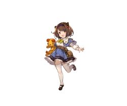 Rule 34 | 1girl, breasts, brown eyes, brown hair, child, cygames, dress, granblue fantasy, hairband, horns, open mouth, oppai loli, shoes, short hair, smile, stuffed animal, stuffed toy, thighhighs, white thighhighs, yaia (granblue fantasy)