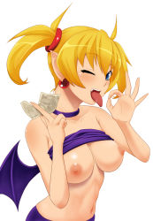 Rule 34 | 1girl, aq interactive, arcana heart, atlus, bare shoulders, bat wings, blonde hair, blue eyes, blush, breasts, choker, clothes lift, demon girl, demon wings, earrings, examu, fang, jewelry, large breasts, lilica felchenerow, looking at viewer, money, navel, nipples, no bra, one eye closed, open mouth, pointy ears, purple tube top, sexually suggestive, shirt lift, simple background, smile, solo, strapless, tomatto (@ma!), tongue, tongue out, tube top, tube top lift, twintails, white background, wings, wink