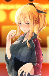 Rule 34 | 1girl, alternate costume, alternate hairstyle, bismarck (kancolle), blonde hair, blue eyes, blurry, blurry background, blush, breasts, collarbone, commentary request, depth of field, festival, flying sweatdrops, hair ornament, twirling hair, hairclip, half-closed eyes, hand up, japanese clothes, jewelry, kantai collection, kimono, large breasts, lights, long hair, long sleeves, looking at viewer, meth (emethmeth), night, obi, open mouth, outdoors, playing with own hair, ponytail, ring, sash, sidelocks, solo, tsundere, upper body, wedding band, wide sleeves, yukata