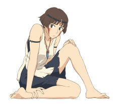 Rule 34 | 1girl, bare arms, barefoot, breasts, brown eyes, brown hair, cleavage, closed mouth, cosplay, earrings, facepaint, facial mark, feet, gake no ue no ponyo, graphite (medium), headband, jas (littlecrime), jewelry, lisa (ponyo), looking at viewer, mononoke hime, necklace, san (mononoke hime), san (mononoke hime) (cosplay), short hair, simple background, solo, traditional media, white background