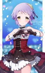 Rule 34 | 1girl, black gloves, blue background, blurry, blurry background, blush, breasts, commentary, confetti, cowboy shot, dated, dress, gloves, hair ribbon, hands up, happy birthday, heart, heart hands, highres, idol, idolmaster, idolmaster million live!, lace, lace-trimmed skirt, lace trim, layered dress, looking at viewer, makabe mizuki, mochigome (ununquadium), purple hair, red dress, ribbon, short hair, sidelocks, skirt, sleeveless, sleeveless dress, small breasts, smile, solo, stage, thighs, tiara, wavy hair, yellow eyes