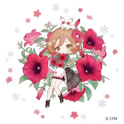 Rule 34 | 1girl, animal, animal on head, ankle boots, bear hair ornament, black footwear, blush, boots, bouquet, brown eyes, brown hair, chibi, dress, floral background, floral print, flower, full body, hair flower, hair ornament, horiizumi inko, lace, lace-trimmed dress, lace trim, looking at viewer, meiko, meiko (vocaloid), on head, petunia (flower), rabbit, rabbit on head, rabbit yukine, red flower, short dress, short hair, smile, snowflake background, snowflake hair ornament, solo focus, tassel, tassel hair ornament, toeless footwear, vocaloid, white background, white dress, yuki meiko