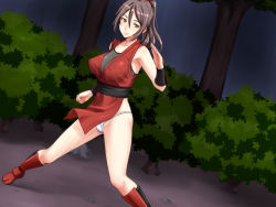 Rule 34 | 1girl, breasts, brown hair, covered erect nipples, fighting stance, floating hair, forest, fundoshi, gauntlets, green eyes, large breasts, legs, long hair, looking at viewer, nightmare express, ninja, original, outdoors, ponytail, shimano natsume, sleeveless, smile, solo, standing, thighs, tree