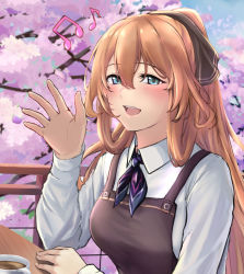 Rule 34 | 1girl, 3 small spiders, apron, blue eyes, blush, breasts, brown apron, brown ribbon, cherry blossoms, coffee, coffee cup, collared shirt, commentary request, cup, disposable cup, falling petals, girls&#039; frontline, hair ribbon, hand on table, hand up, highres, long hair, looking at viewer, medium breasts, musical note, open mouth, orange hair, outdoors, petals, ponytail, ribbon, shirt, sidelocks, sitting, smile, solo focus, springfield (girls&#039; frontline), table, tree, upper body, white shirt
