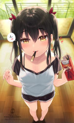 Rule 34 | 1girl, artist name, barefoot, black hair, black shorts, blurry, blurry background, blush, brown eyes, commentary request, depth of field, food, food in mouth, hair between eyes, hair ribbon, highres, indoors, long hair, looking at viewer, minamura haruki, mouth hold, original, parted lips, pocky, red ribbon, ribbon, shirt, short shorts, shorts, sidelocks, smile, solo, standing, translation request, twintails, watermark, web address, white shirt, wooden floor