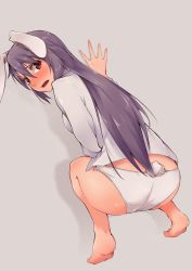 Rule 34 | 1girl, animal ears, ass, bare legs, barefoot, blush, brown eyes, collared shirt, embarrassed, feet, highres, long hair, looking at viewer, looking back, onsen mikan, open mouth, panties, purple hair, rabbit ears, rabbit girl, rabbit tail, reisen udongein inaba, shirt, simple background, soles, solo, squatting, tail, touhou, underwear, very long hair, white panties, white tail