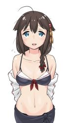 Rule 34 | 1girl, adapted costume, bikini, black bikini, black hair, black sarong, blue eyes, braid, breasts, collarbone, commentary request, cowboy shot, flying sweatdrops, groin, hair flaps, hair over shoulder, kantai collection, looking at viewer, open mouth, sarong, shigure (kancolle), shigure kai ni (kancolle), simple background, single braid, small breasts, smile, solo, stomach, swimsuit, tamu (mad works), white background