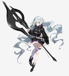 Rule 34 | 1girl, axe, battle axe, belt, black footwear, black jacket, blue eyes, blue hair, boots, commentary request, full body, hairband, high collar, high heel boots, high heels, highres, holding, holding axe, holster, huge weapon, icomochi, jacket, light blue hair, long hair, looking at viewer, original, single thighhigh, sleeves past wrists, solo, thighhighs, very long hair, weapon, white background, white hairband