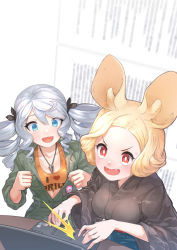 Rule 34 | 2girls, :d, ^^^, animal ear fluff, animal ears, black kimono, black ribbon, blonde hair, blue eyes, breasts, brown tank top, clothes writing, collarbone, commentary request, computer, copyright request, drill hair, fangs, forehead, green overalls, hair between eyes, hair ribbon, highres, japanese clothes, kimono, laptop, long sleeves, medium breasts, multiple girls, open mouth, overalls, red eyes, ribbon, silver hair, smile, tank top, twin drills, twintails, v-shaped eyebrows, wide sleeves, yunar