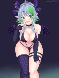 Rule 34 | 1girl, asymmetrical legwear, bare shoulders, bent over, breasts, apricot the lich, choker, cleavage, collarbone, detached sleeves, gluteal fold, green eyes, green hair, hand on own thigh, headwear request, highres, horns, jewelry, large breasts, looking at viewer, nail polish, navel, nottytiffy, o-ring, o-ring bottom, open mouth, original, panties, pointing, pointing at self, pointy ears, purple sleeves, purple thighhighs, ring, short hair, sideboob, smile, solo, standing, thigh strap, thighhighs, thighs, tiara, underwear, uneven legwear, virtual youtuber, vshojo, wings