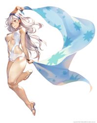 Rule 34 | 1girl, bad id, bad pixiv id, bracelet, breasts, cleavage cutout, clothing cutout, earrings, erakis, full body, heterochromia, highres, jewelry, large breasts, leenim, long hair, nail polish, navel, one-piece swimsuit, simple background, smile, solo, swimsuit, white background, white hair, white one-piece swimsuit