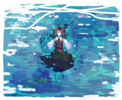 Rule 34 | 1girl, afloat, bow, brown hair, detached sleeves, expressionless, female focus, from above, hair tubes, hakurei reimu, long hair, looking up, parted lips, partially submerged, solo, takanashi akihito, touhou, water