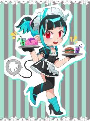 Rule 34 | 1girl, alternate costume, alternate hairstyle, apron, asymmetrical footwear, asymmetrical gloves, back bow, bad food, black dress, black footwear, black gloves, black hair, black thighhighs, blue footwear, blue hair, blue socks, blunt bangs, blush, bow, brain, bread, buren, burger, commentary request, cricket, demon girl, demon horns, demon tail, diagonal bangs, dress, enmaided, flat chest, food, frilled apron, frilled dress, frills, full body, gloves, high heels, high ponytail, highres, holding, holding tray, horns, looking at viewer, maid, maid day, maid headdress, mismatched footwear, multicolored hair, nanashi inc., open mouth, partially fingerless gloves, pointy ears, puffy sleeves, red eyes, shishio chris, short bangs, short hair with long locks, short ponytail, sidelocks, single thighhigh, smile, socks, solo, striped, striped background, tail, thighhighs, tray, two-tone hair, virtual youtuber, waist apron, walking, white apron, white bow, worm