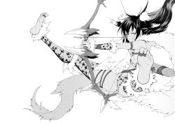 Rule 34 | 1girl, absurdres, animal ears, animal print, arrow (projectile), barefoot, bella (sennen sensou aigis), black hair, bow (weapon), bra, drawing bow, feet, full body, fur trim, greyscale, highres, holding, holding bow (weapon), holding weapon, jewelry, legband, midriff, monochrome, no shoes, oku hideki, one eye closed, panties, quiver, sennen sensou aigis, soles, solo, spread legs, tan, thighhighs, tiger print, toe ring, toes, tongue, tongue out, underwear, weapon