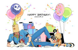 1boy arm_belt arm_support bag bag_over_head balloon belt black_belt blue_pants blue_shirt cake cake_slice commentary dated doughnut english_text faust_(guilty_gear) food fruit full_body gift gloves guilty_gear guilty_gear_strive happy_birthday hashtag-only_commentary hat highres holding holding_plate knee_up male_focus medical_scrubs multicolored_footwear multiple_belts one_eye_covered outstretched_leg own_hands_together pants paper_bag party_hat pink_doughnut plate print_shirt red_eyes samecan_fa sentient_stuffed_toy shirt shoelaces shoes short_sleeves skull_print sneakers solo stitched_torso stitches strawberry string_of_flags syringe weight wheelchair white_gloves yellow_belt