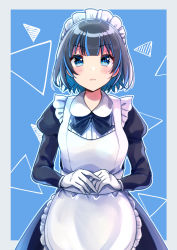 Rule 34 | 1girl, apron, bad id, bad pixiv id, black bow, black dress, black hair, blue background, blue eyes, blue hair, blush, bow, breasts, closed mouth, collared dress, commentary request, dress, frilled apron, frills, gloves, grey background, highres, juliet sleeves, long sleeves, looking at viewer, maid, maid apron, maid headdress, minami saki, multicolored hair, original, puffy sleeves, short hair, small breasts, solo, two-tone background, two-tone hair, v-shaped eyebrows, white apron, white gloves