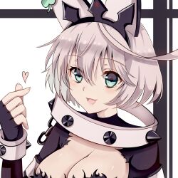 Rule 34 | 1girl, absurdres, ahoge, aqua eyes, bracelet, breasts, cleavage cutout, clothing cutout, clover, collar, elphelt valentine, finger heart, four-leaf clover, guilty gear, guilty gear xrd, hairband, highres, huge ahoge, jewelry, kinoko5656, large breasts, long sleeves, looking at viewer, medium hair, open mouth, smile, spiked bracelet, spiked collar, spiked hairband, spikes, white hair